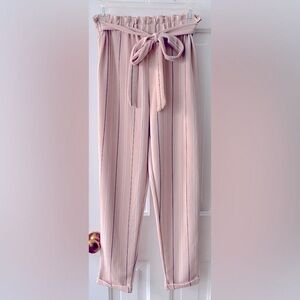 No Comment Pinstripe Gathered Waist Tie Belt Salmon Pink Pinstripe Dress Pants
